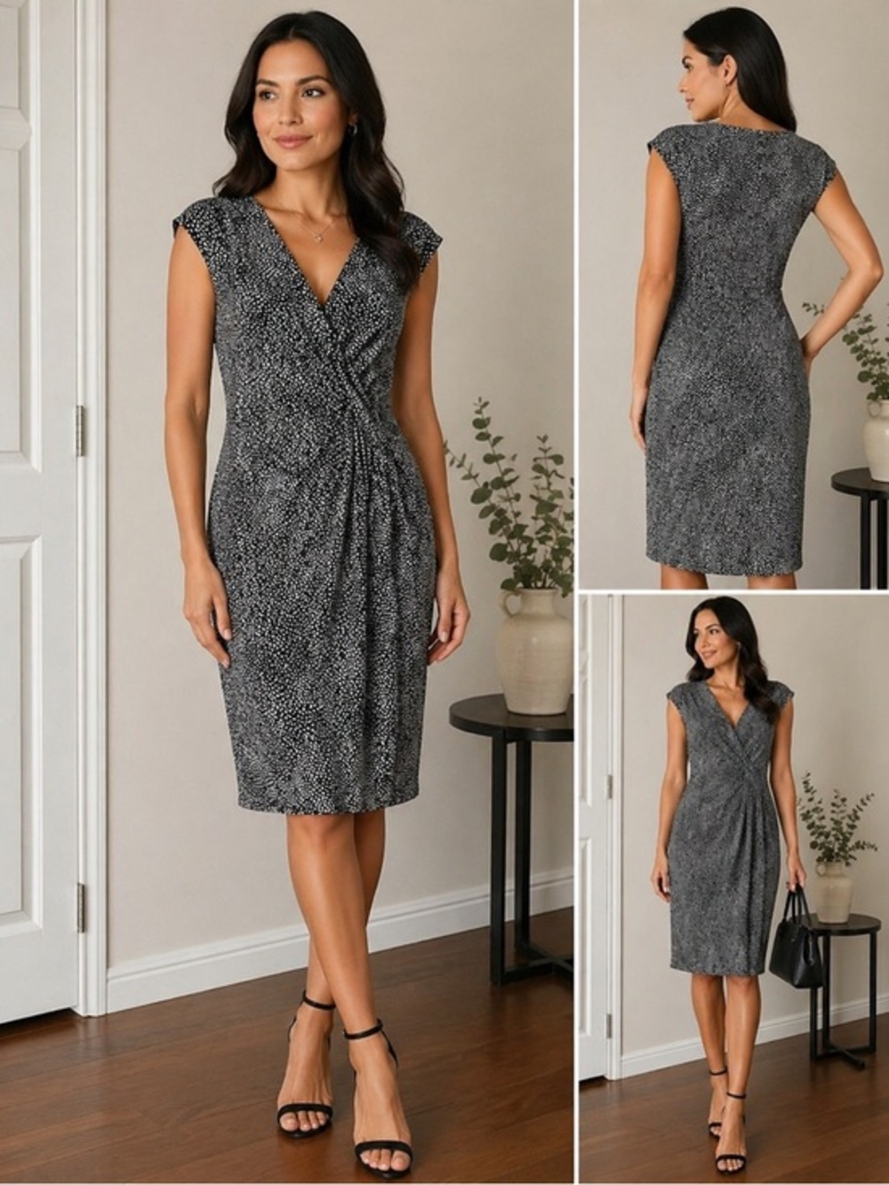 Ann Taylor Wrap Dress Black White Print Petite 6